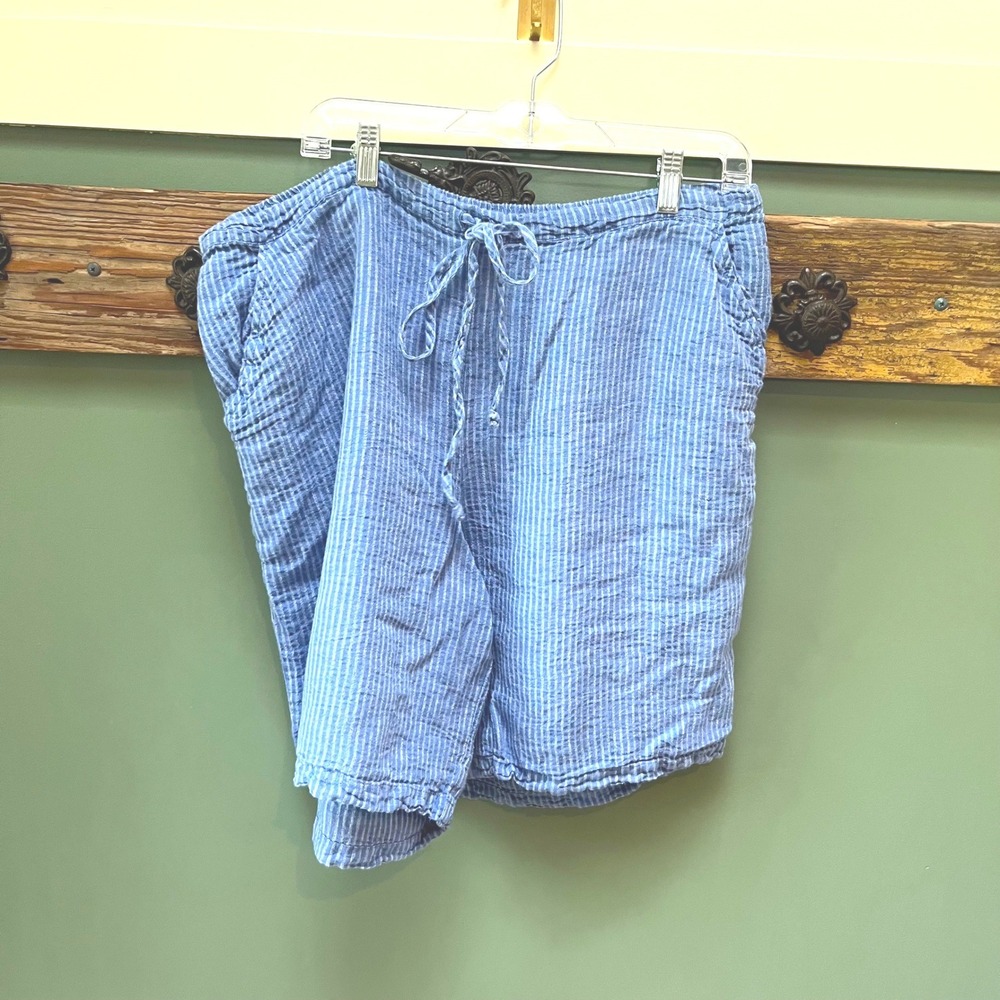 Flax Blue White Striped 100% Linen Drawstring Shorts Womens Large High Rise